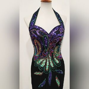 VINTAGE BEADED SEQUINED EVENING HALTER DRESS
